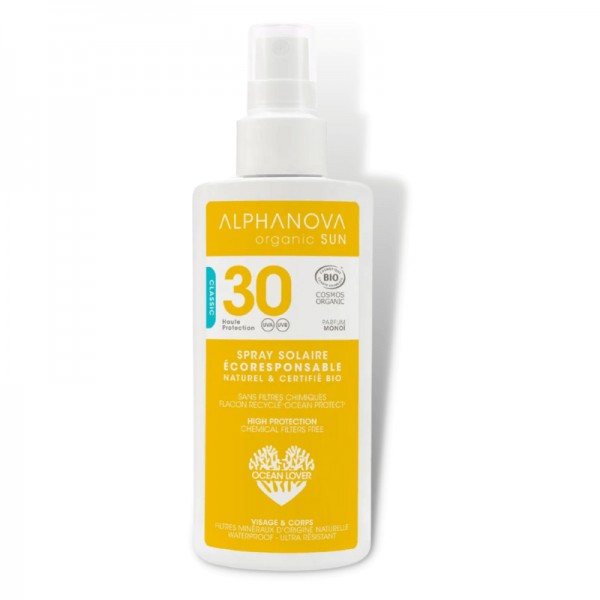 SPRAY SOLAIRE BIO ADULTE EN SPRAY HAUTE PROTECTION SPF 30 ALPHANOVA Herboristerie du Palais Royal Michel Pierre Paris