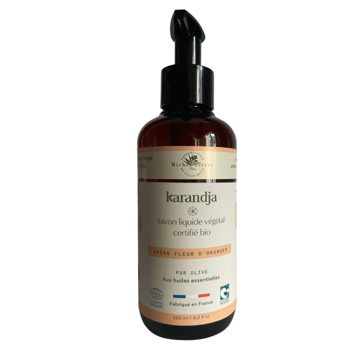 Savon liquide végétal pur olive certifié bio ARGAN FLEUR D'ORANGER 250 ml