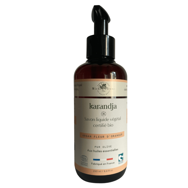 Savon liquide végétal pur olive certifié bio ARGAN FLEUR D'ORANGER 250 ml