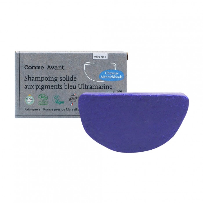 Shampoing solide cheveux blonds blancs aux pigments bleu Ultramarine