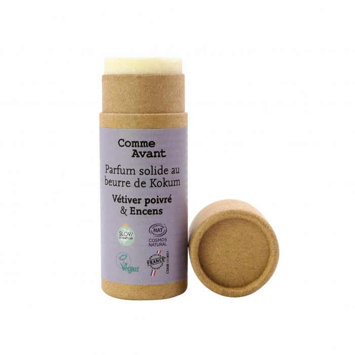 Parfum bio solide et naturel au beurre de kokum Vetiver Poivré et encens