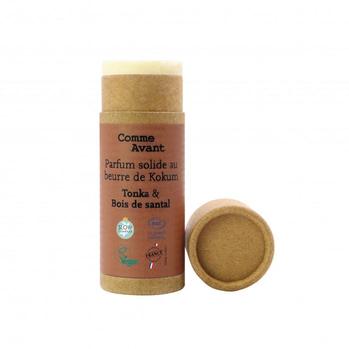 Parfum bio solide et naturel au beurre de kokum Tonka et bois de Santal